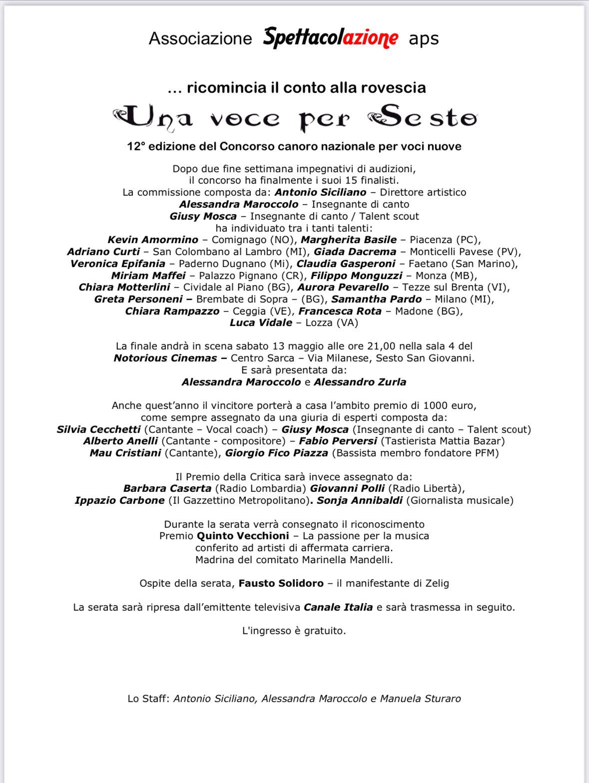 12 esima edizione di Una Voce per Sesto